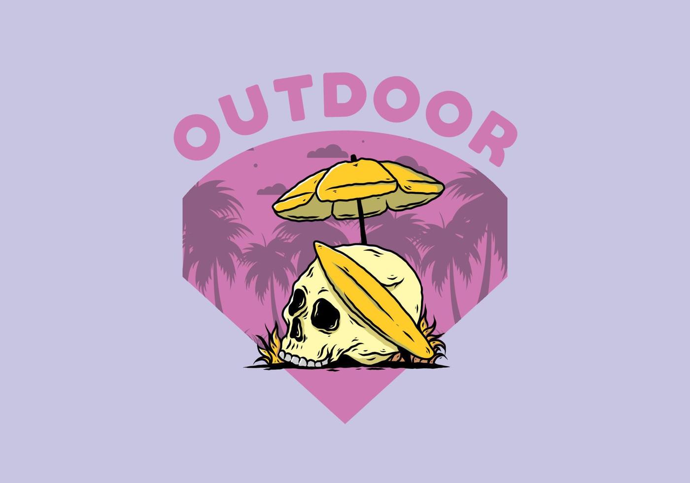 illustration of skull with surfing board under beach umbrella vector