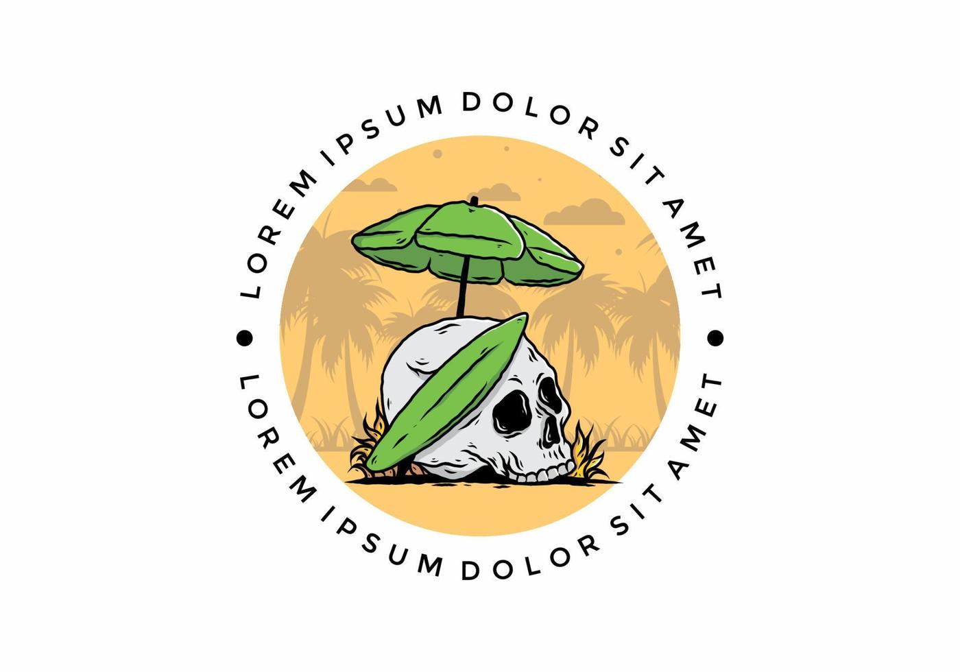 illustration of skull with surfing board under beach umbrella vector