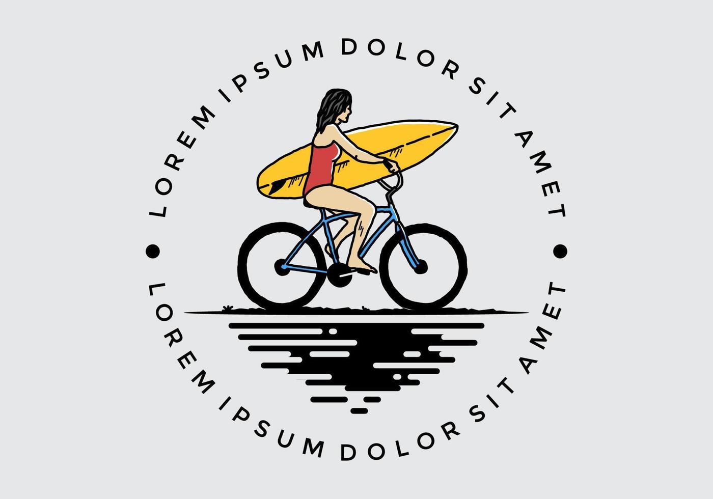 illustration of a woman going surfing on a bicycle vector