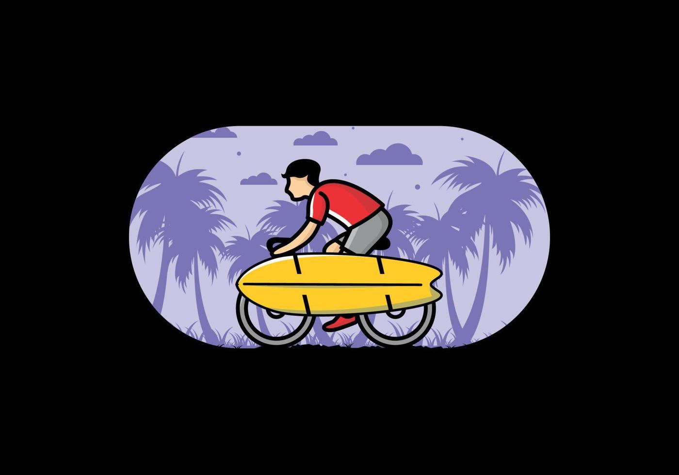 andar en bicicleta con una ilustración de tabla de surf vector