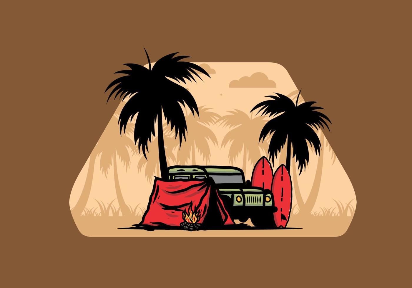Camping on the beach with off road car vector