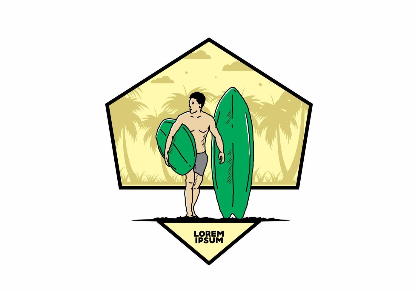 el hombre sin camisa que sostiene la ilustración de la tabla de surf vector