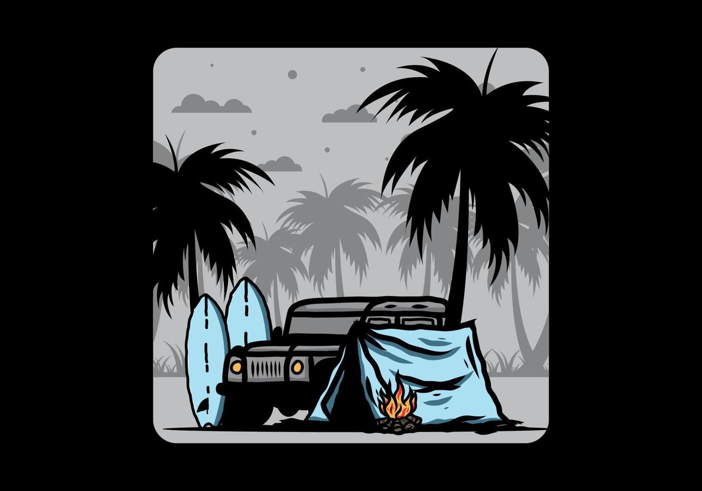 Camping on the beach with off road car vector