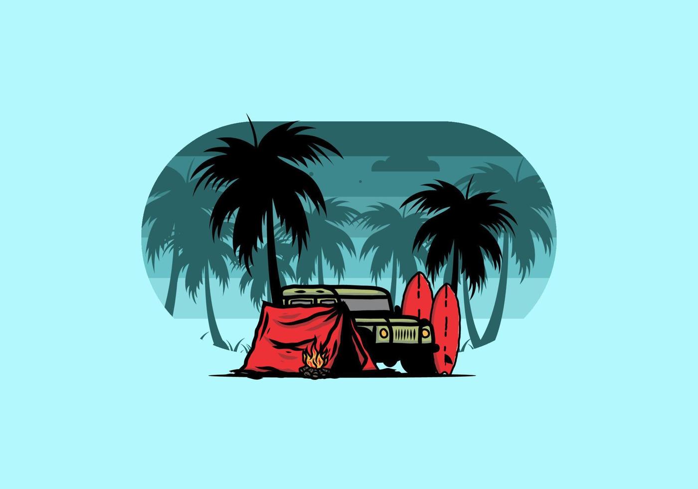 Camping on the beach with off road car vector