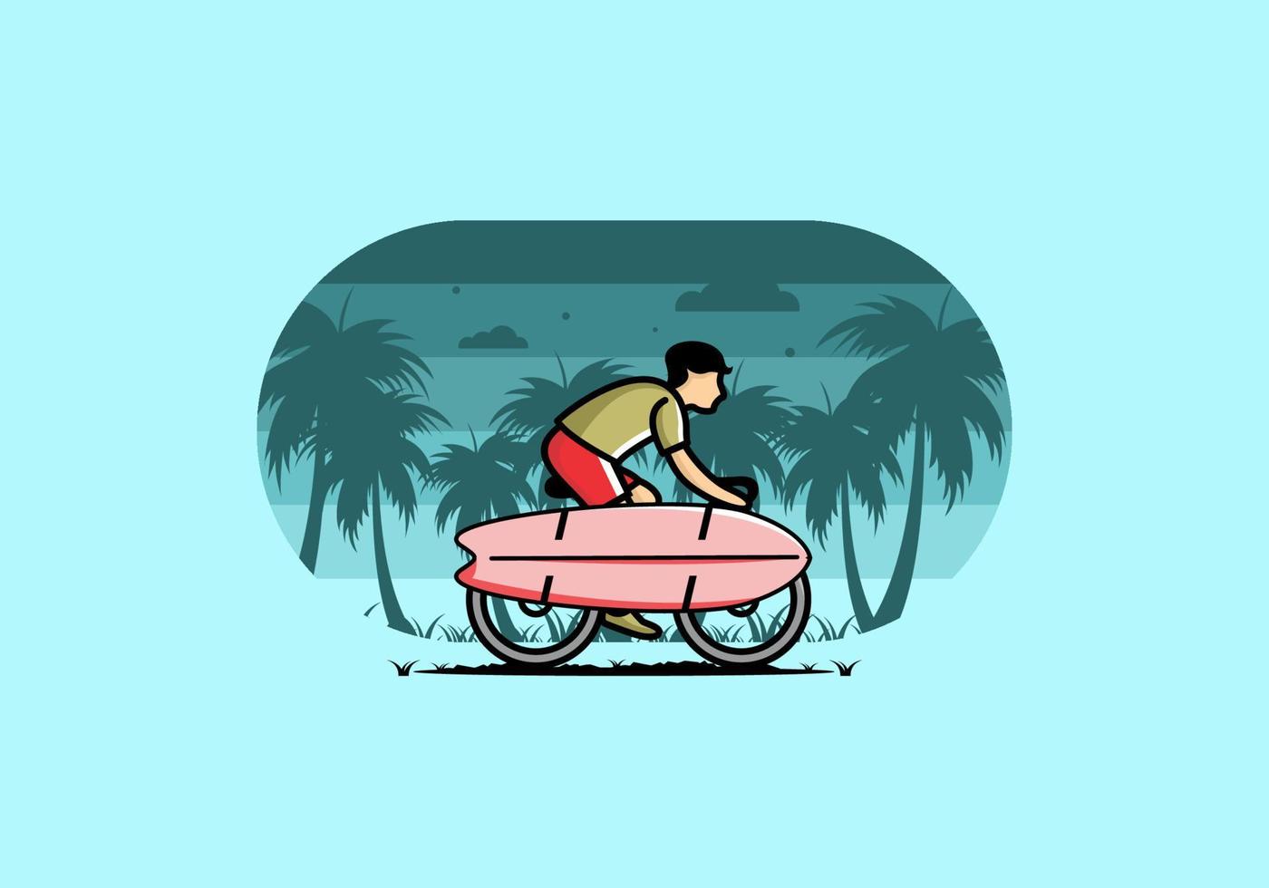 andar en bicicleta con una ilustración de tabla de surf vector