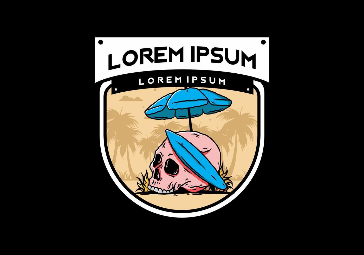 illustration of skull with surfing board under beach umbrella vector
