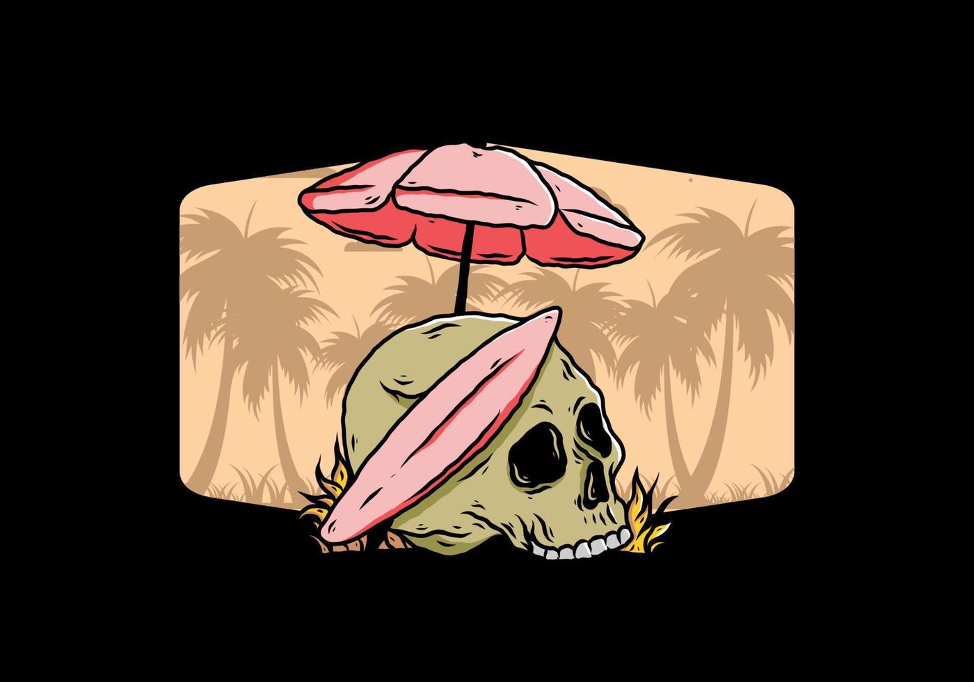 illustration of skull with surfing board under beach umbrella vector