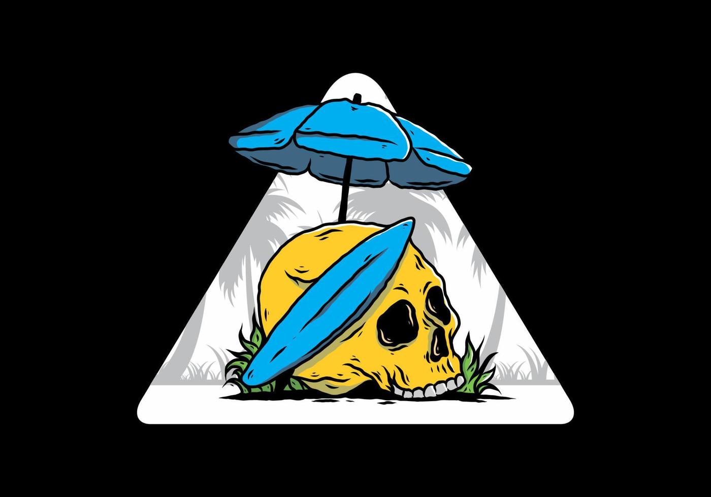 illustration of skull with surfing board under beach umbrella vector