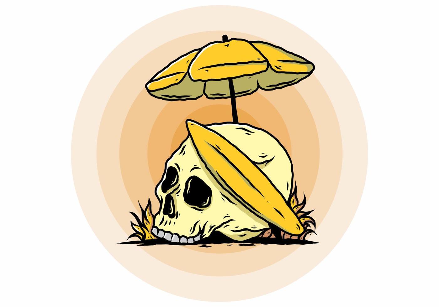 ilustración de calavera con tabla de surf bajo sombrilla de playa vector