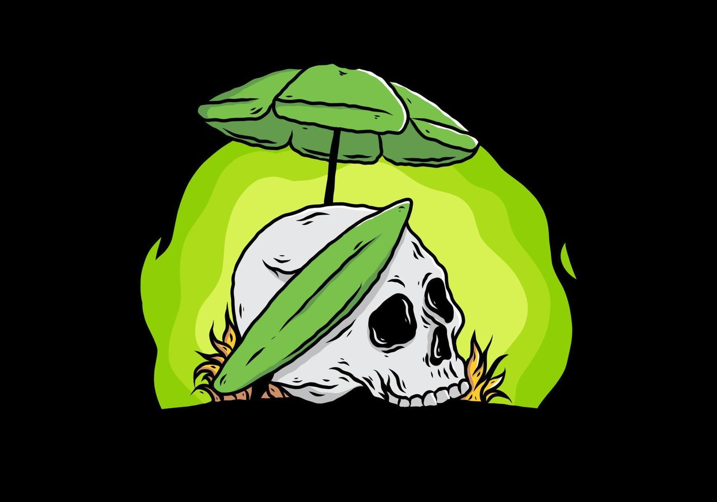 illustration of skull with surfing board under beach umbrella vector