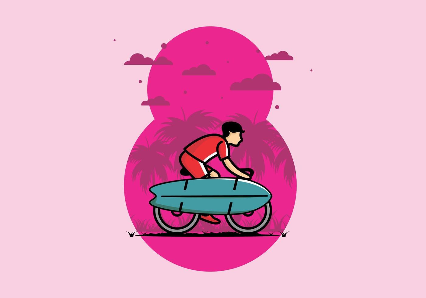 andar en bicicleta con una ilustración de tabla de surf vector