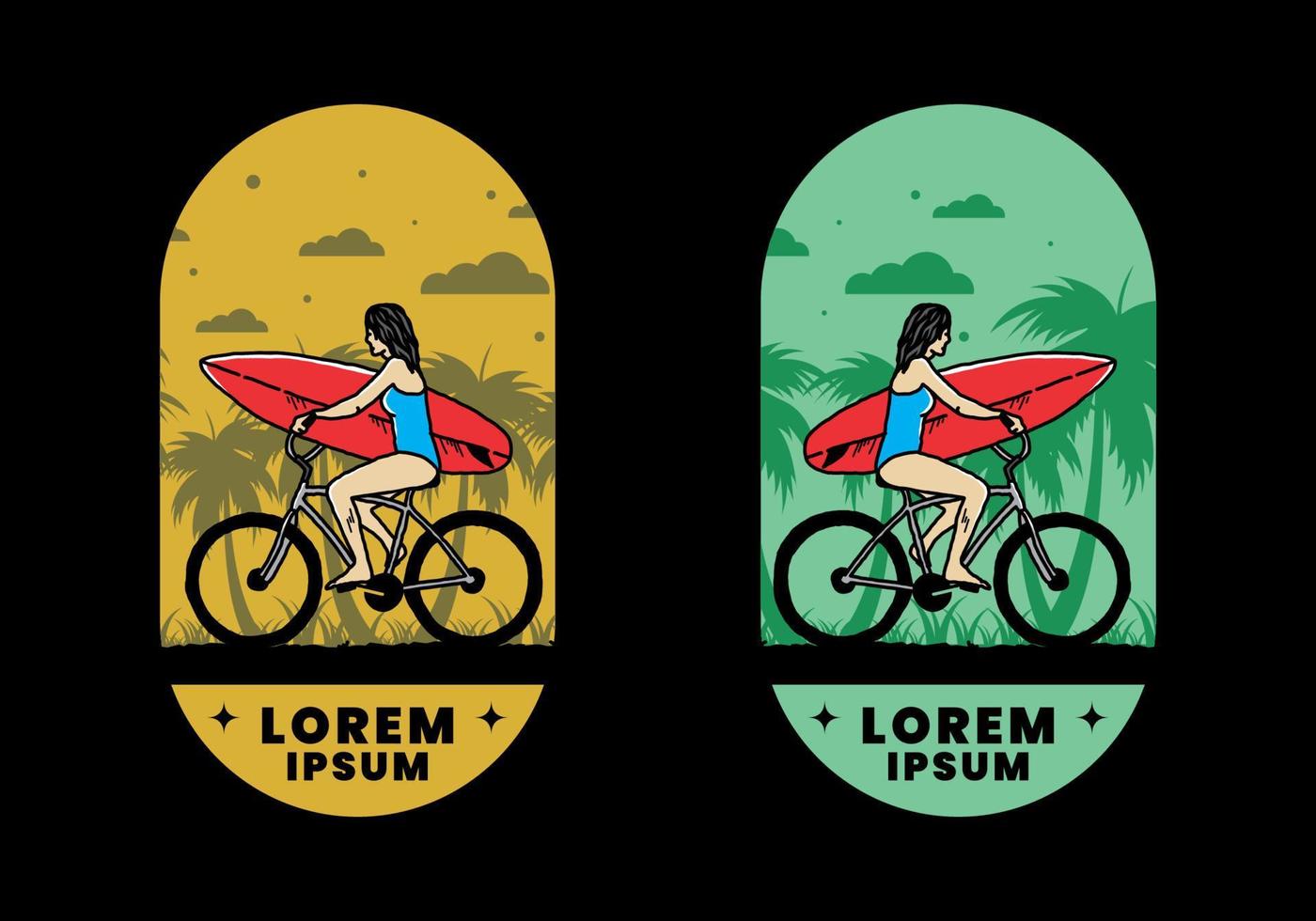 illustration of a woman going surfing on a bicycle vector