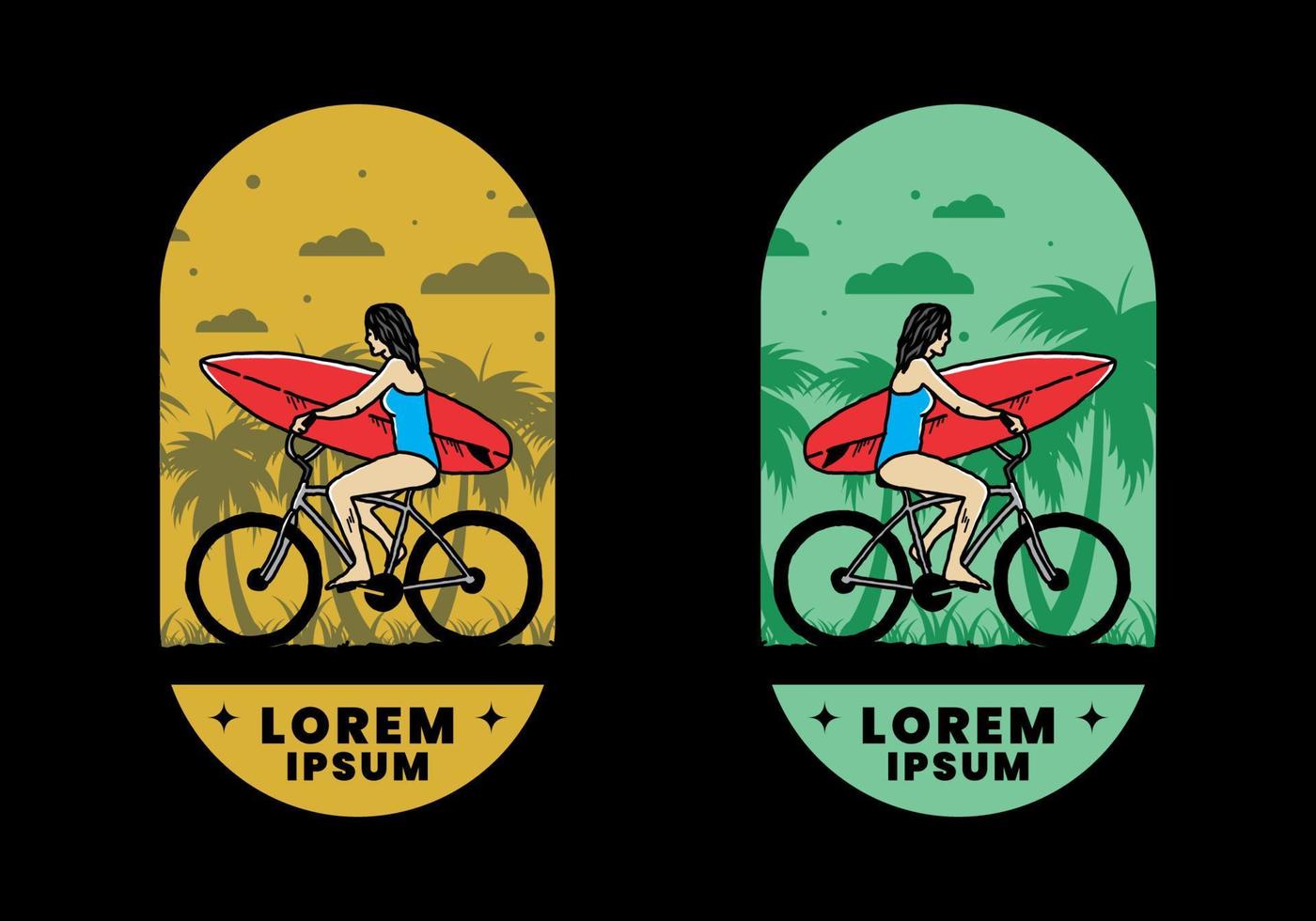 ilustración de una mujer que va a surfear en bicicleta vector