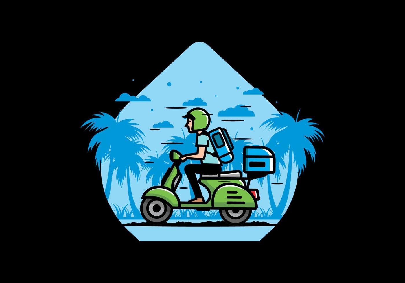 el hombre se va de vacaciones montando scooter ilustración vector