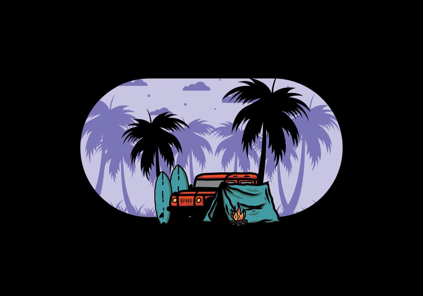 Camping on the beach with off road car vector