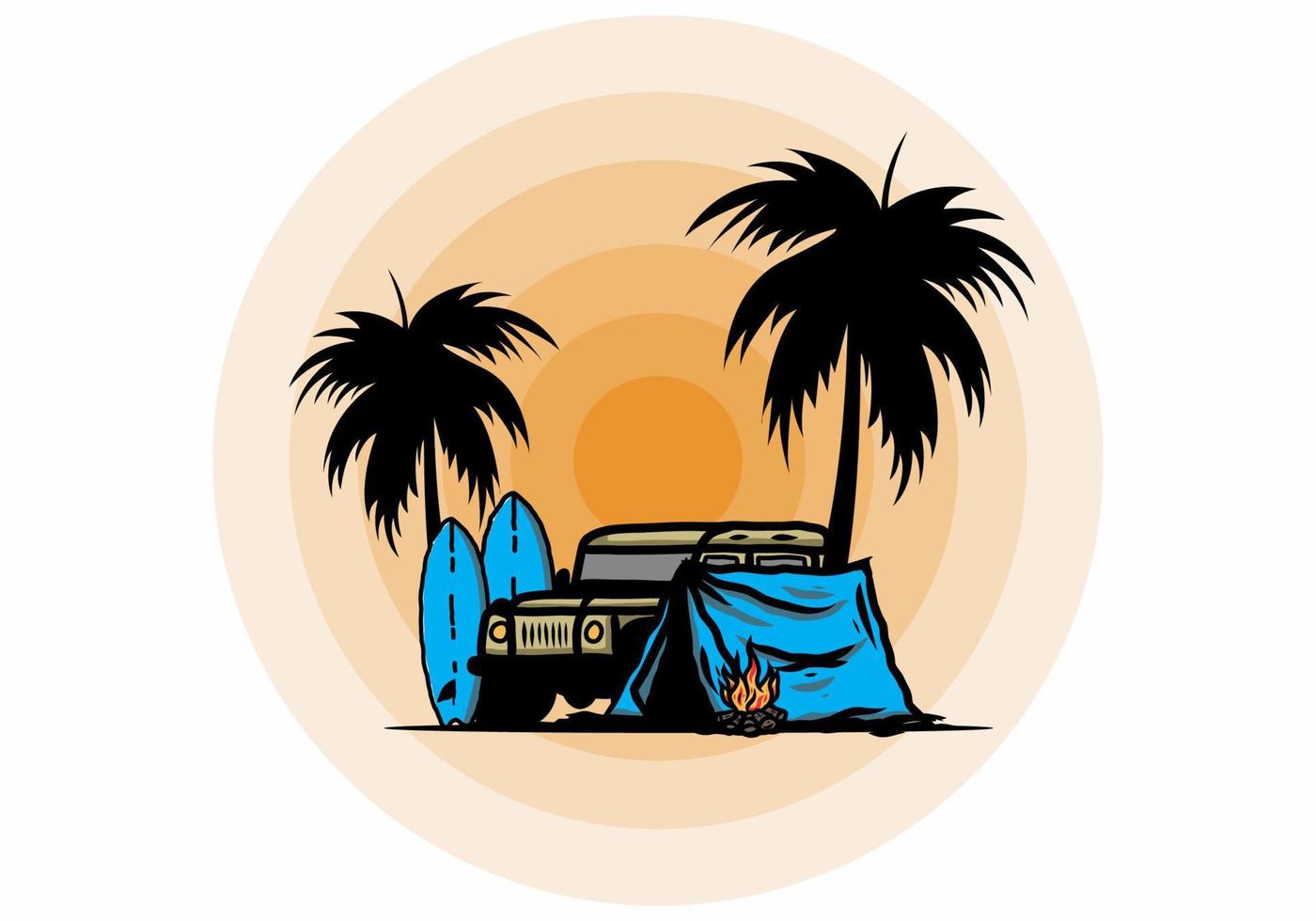 Camping on the beach with off road car vector