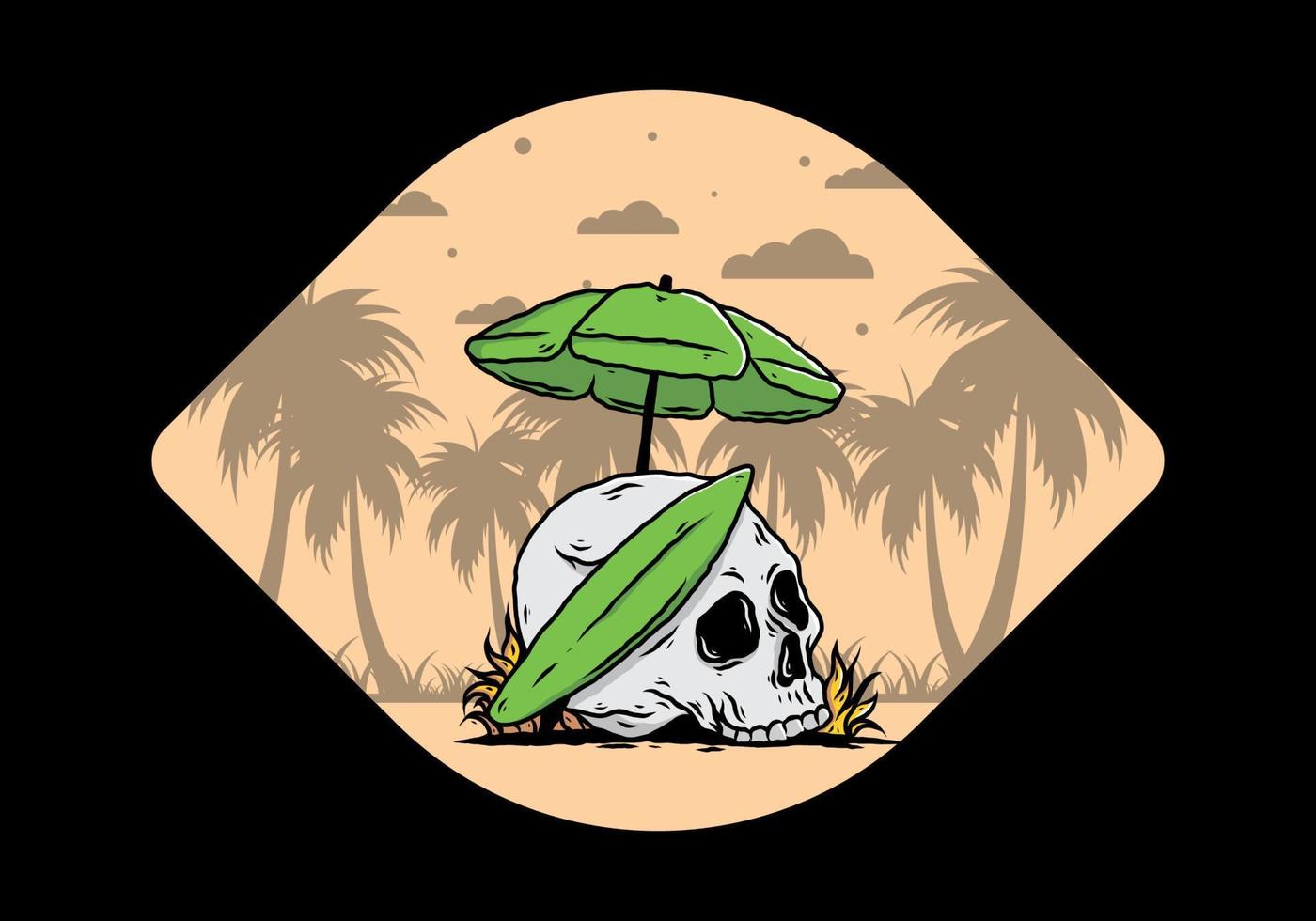 ilustración de calavera con tabla de surf bajo sombrilla de playa vector