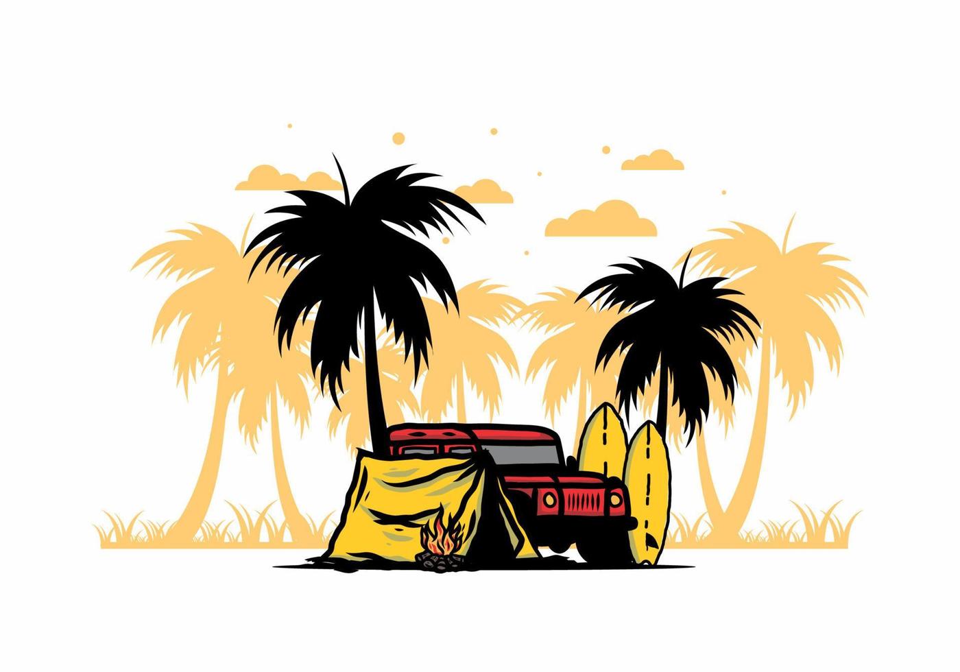 Camping on the beach with off road car vector