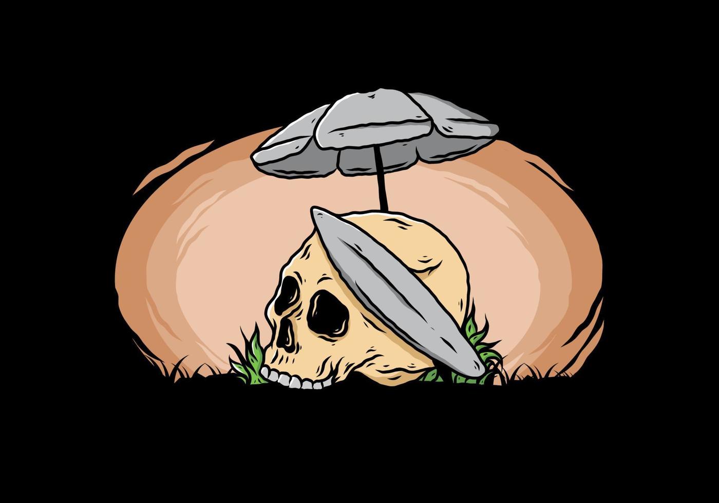 illustration of skull with surfing board under beach umbrella vector