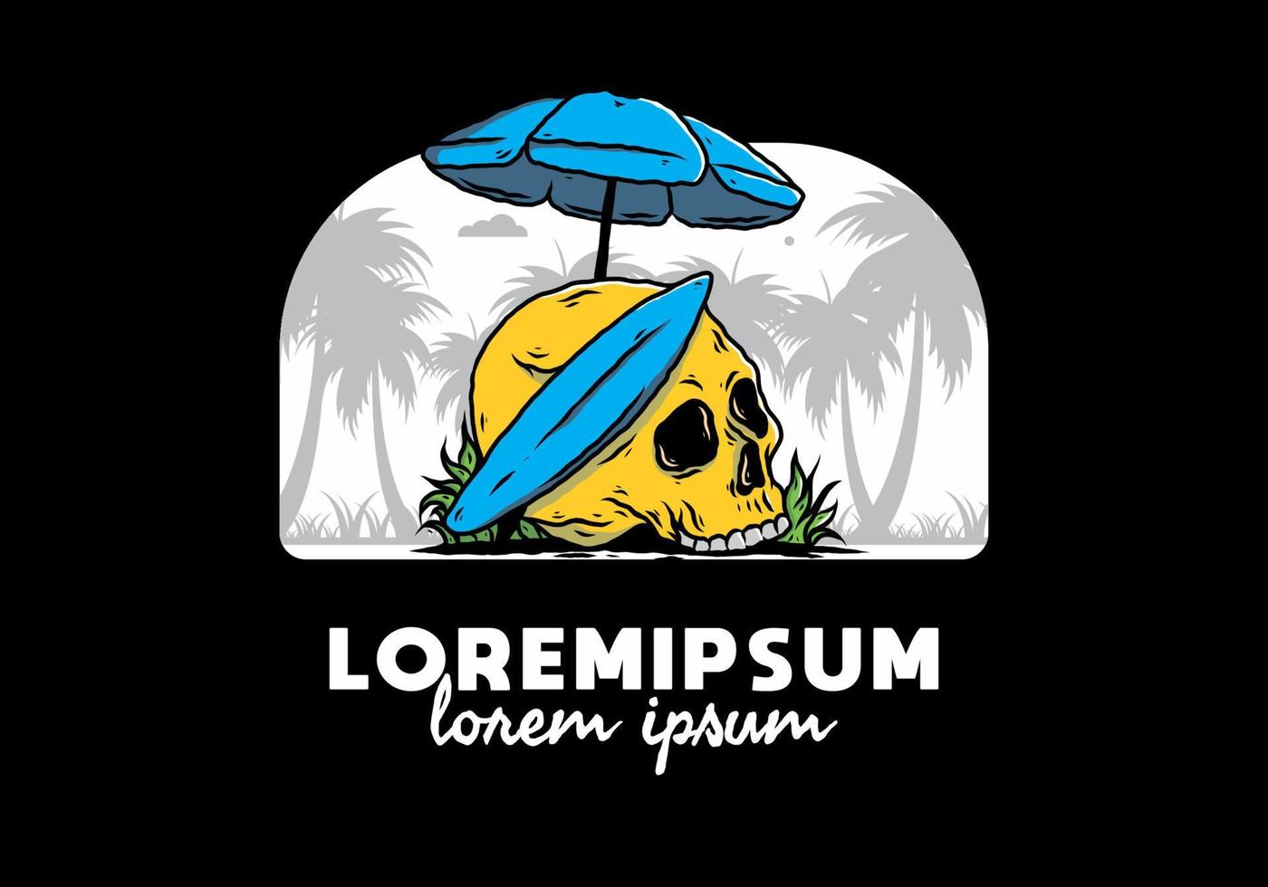 illustration of skull with surfing board under beach umbrella vector