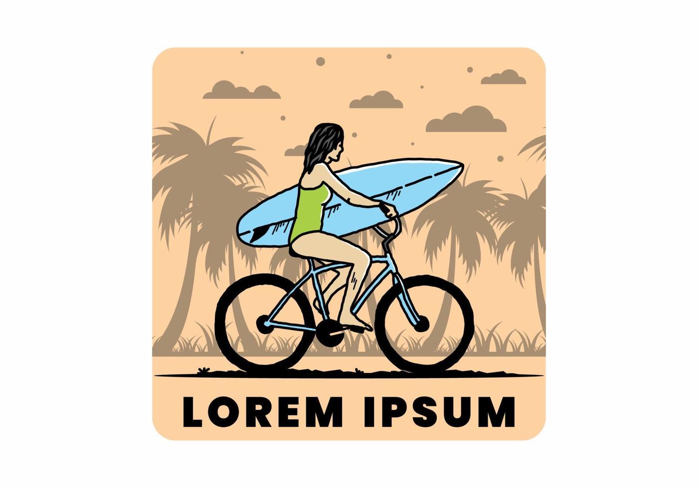 illustration of a woman going surfing on a bicycle vector