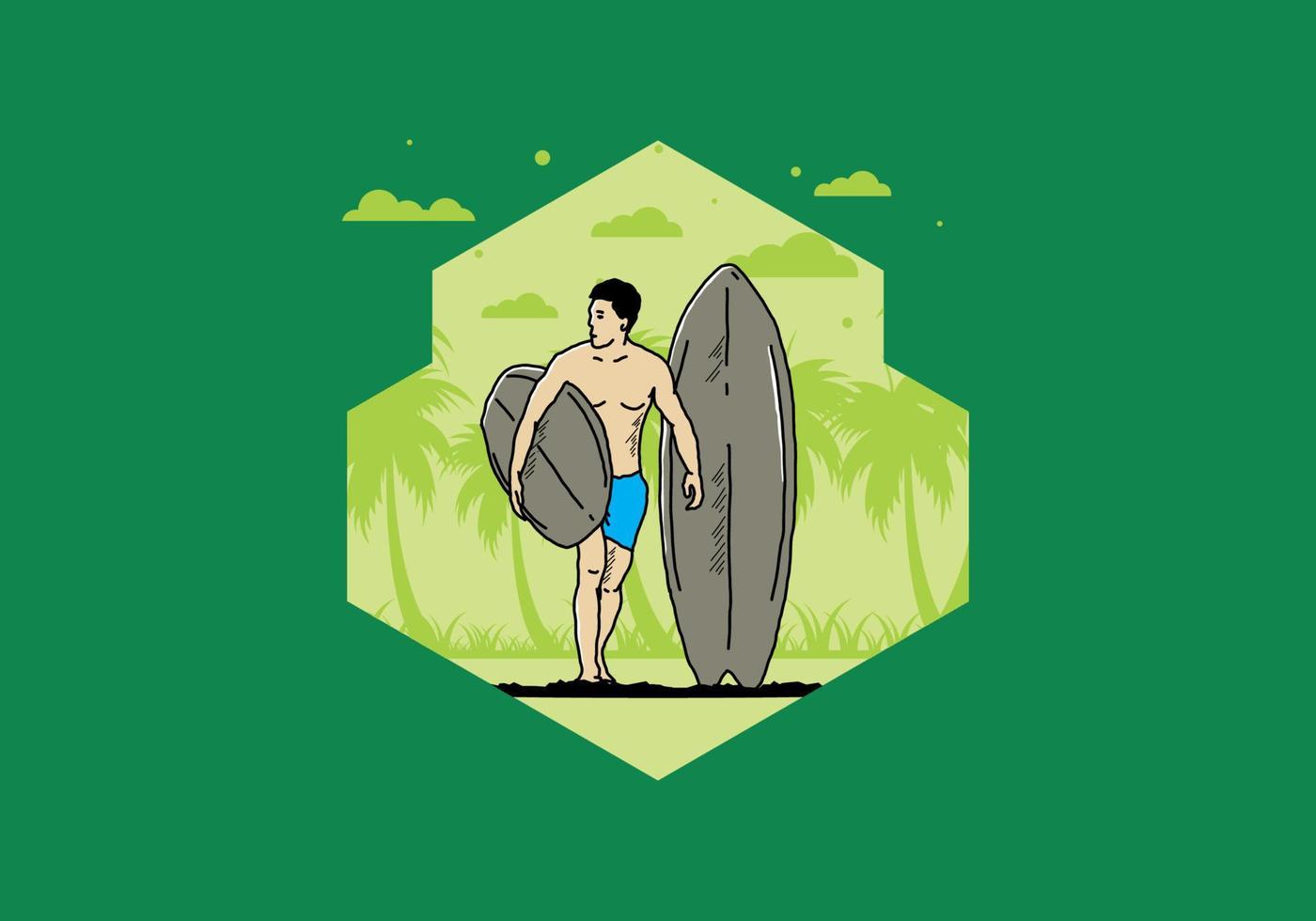 el hombre sin camisa que sostiene la ilustración de la tabla de surf vector