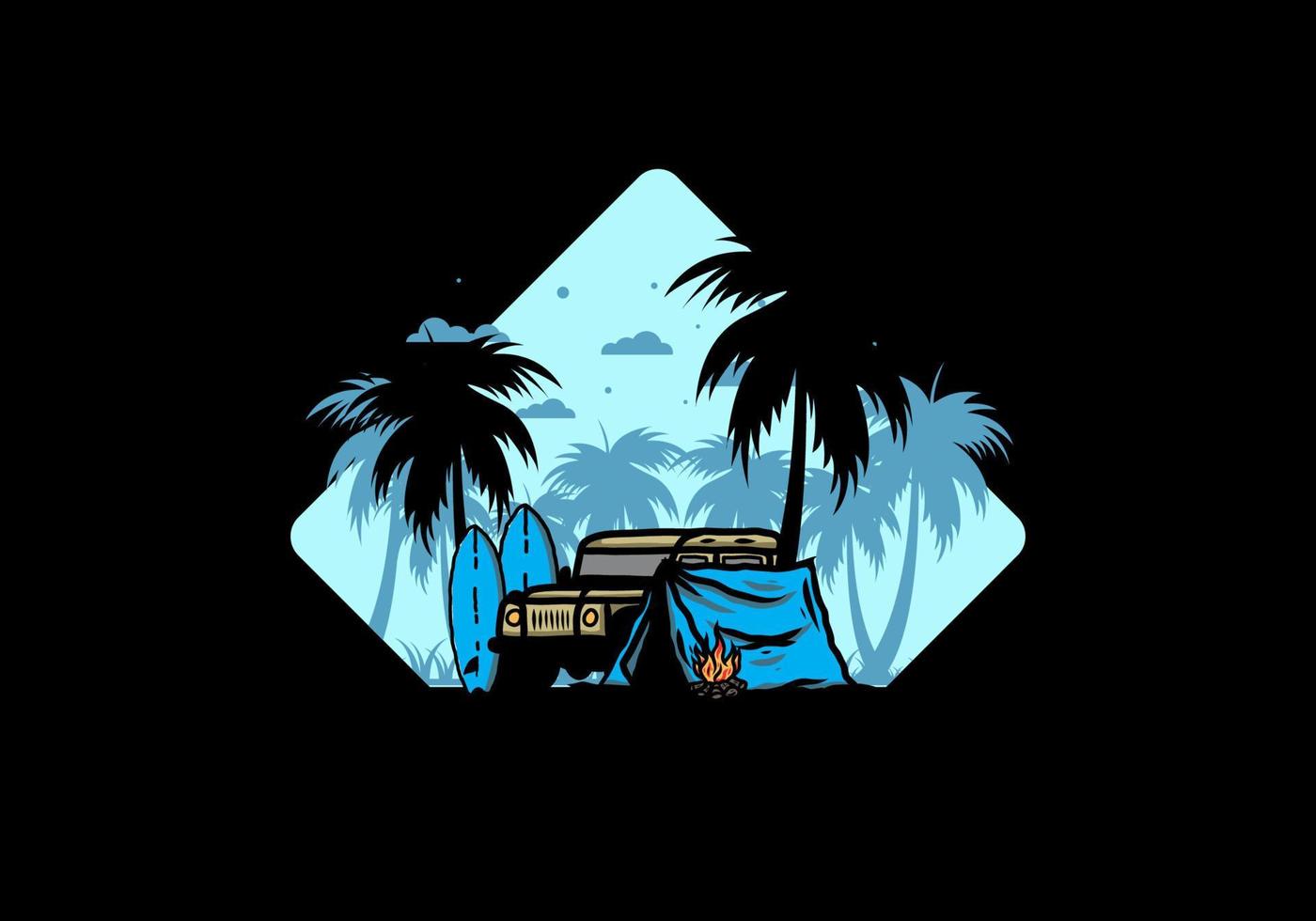 Camping on the beach with off road car vector