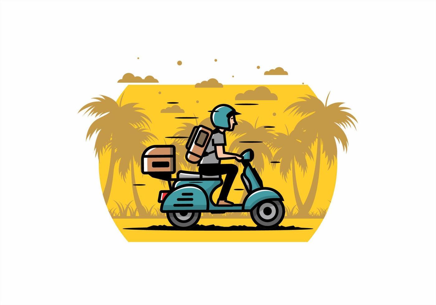 el hombre se va de vacaciones montando scooter ilustración vector