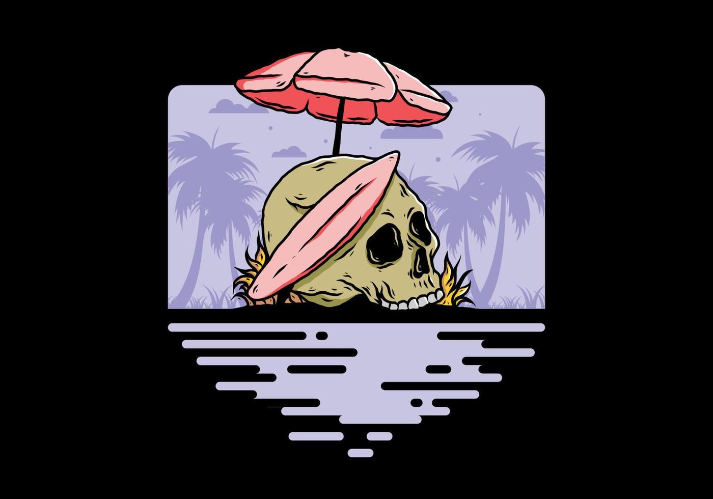 illustration of skull with surfing board under beach umbrella vector