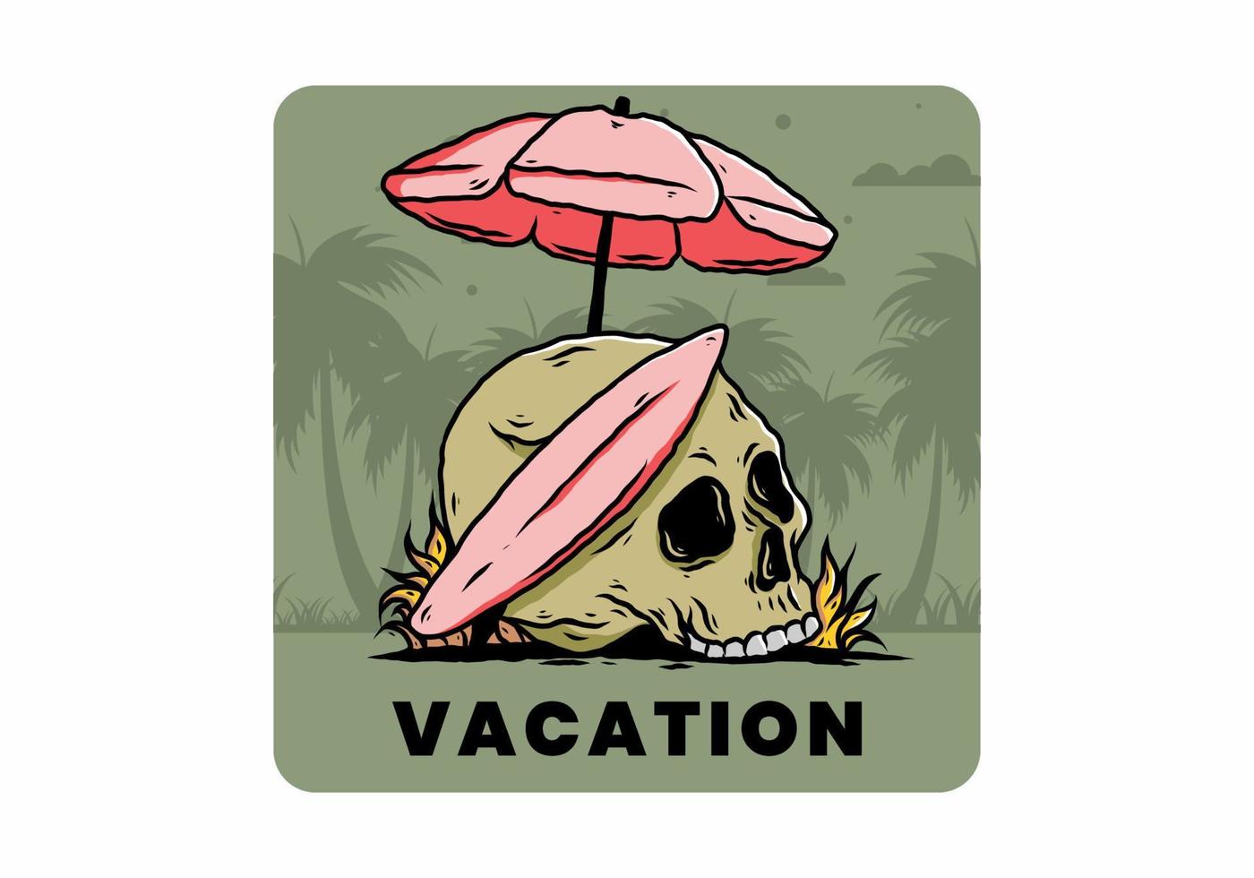 illustration of skull with surfing board under beach umbrella vector