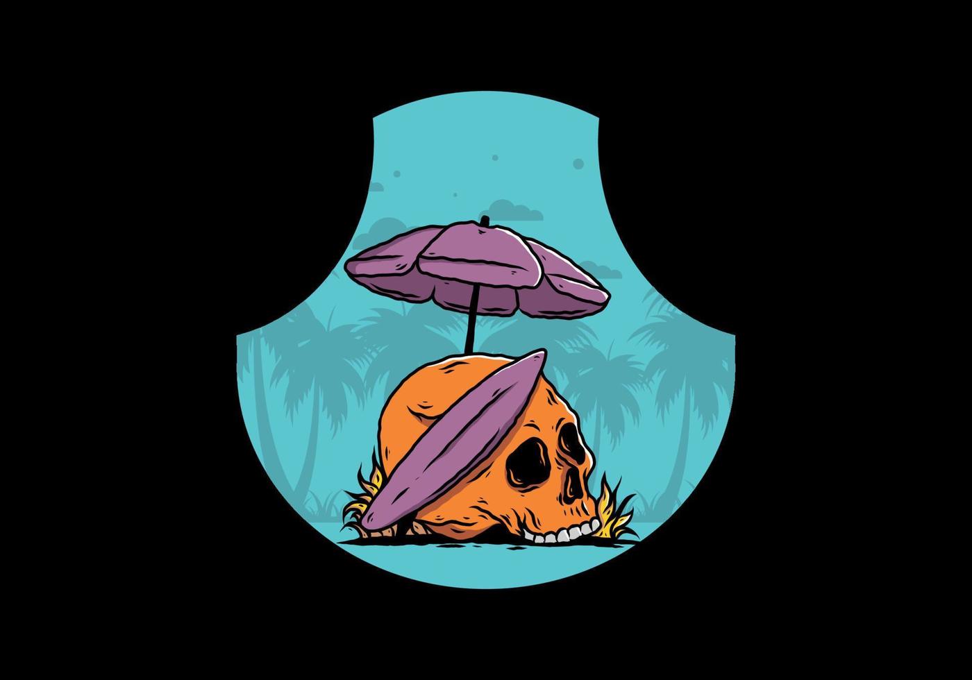 ilustración de calavera con tabla de surf bajo sombrilla de playa vector