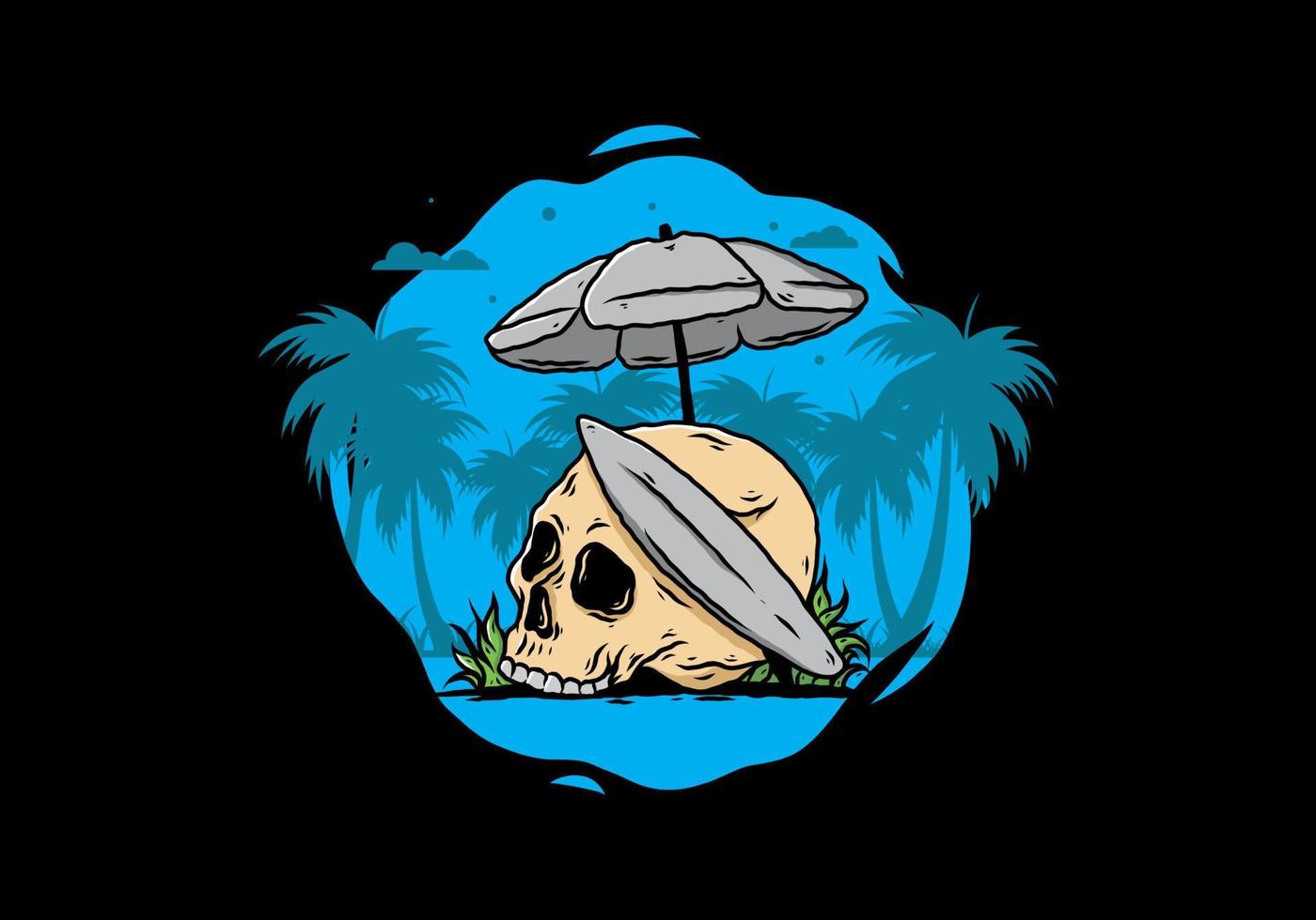 illustration of skull with surfing board under beach umbrella vector