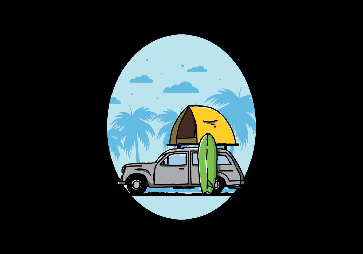 ilustración de un coche con una carpa en el techo y una tabla de surf al costado vector