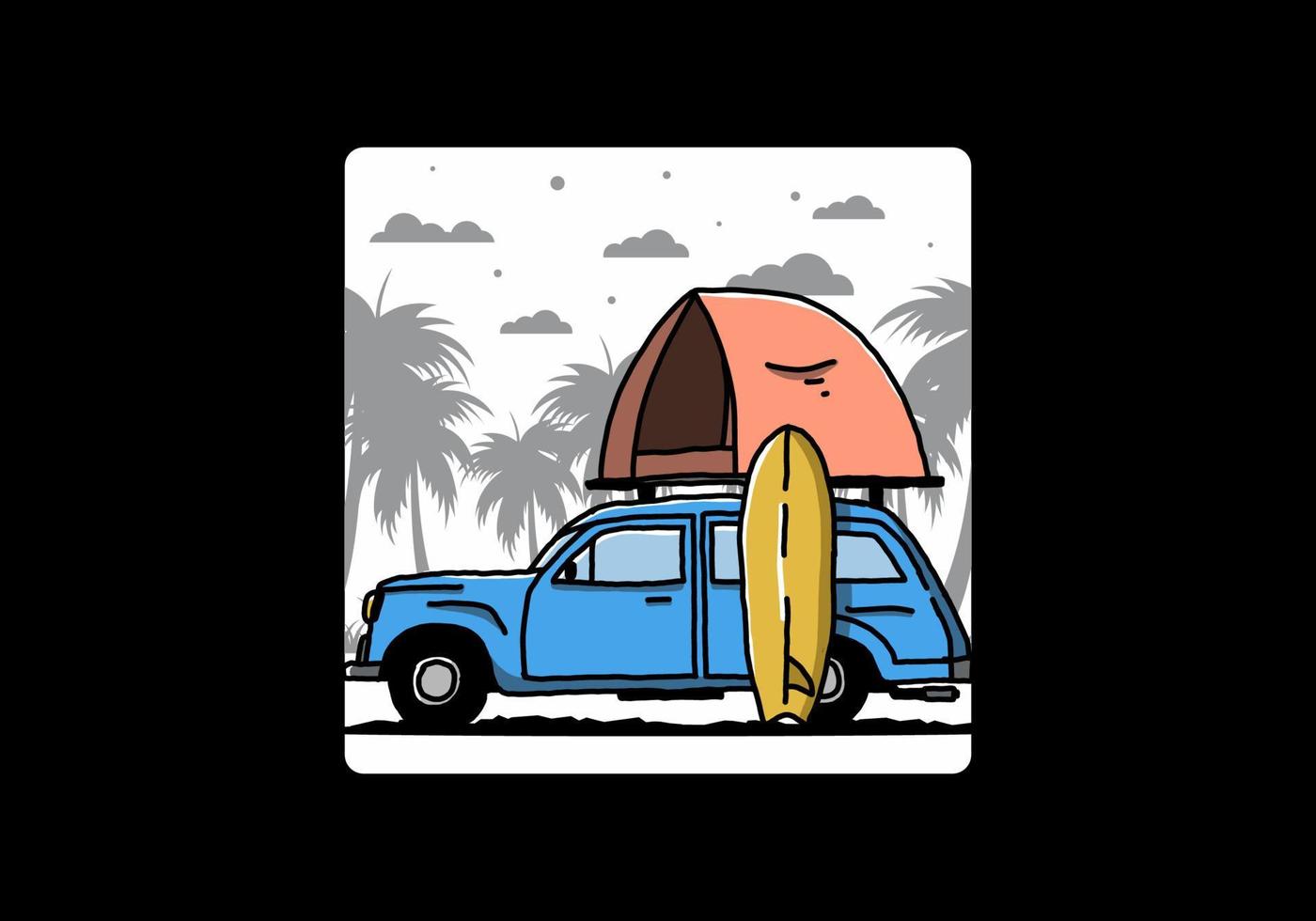 ilustración de un coche con una carpa en el techo y una tabla de surf al costado vector