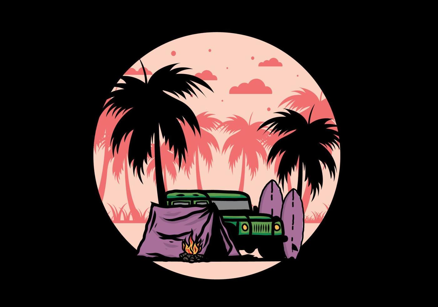 Camping on the beach with off road car vector