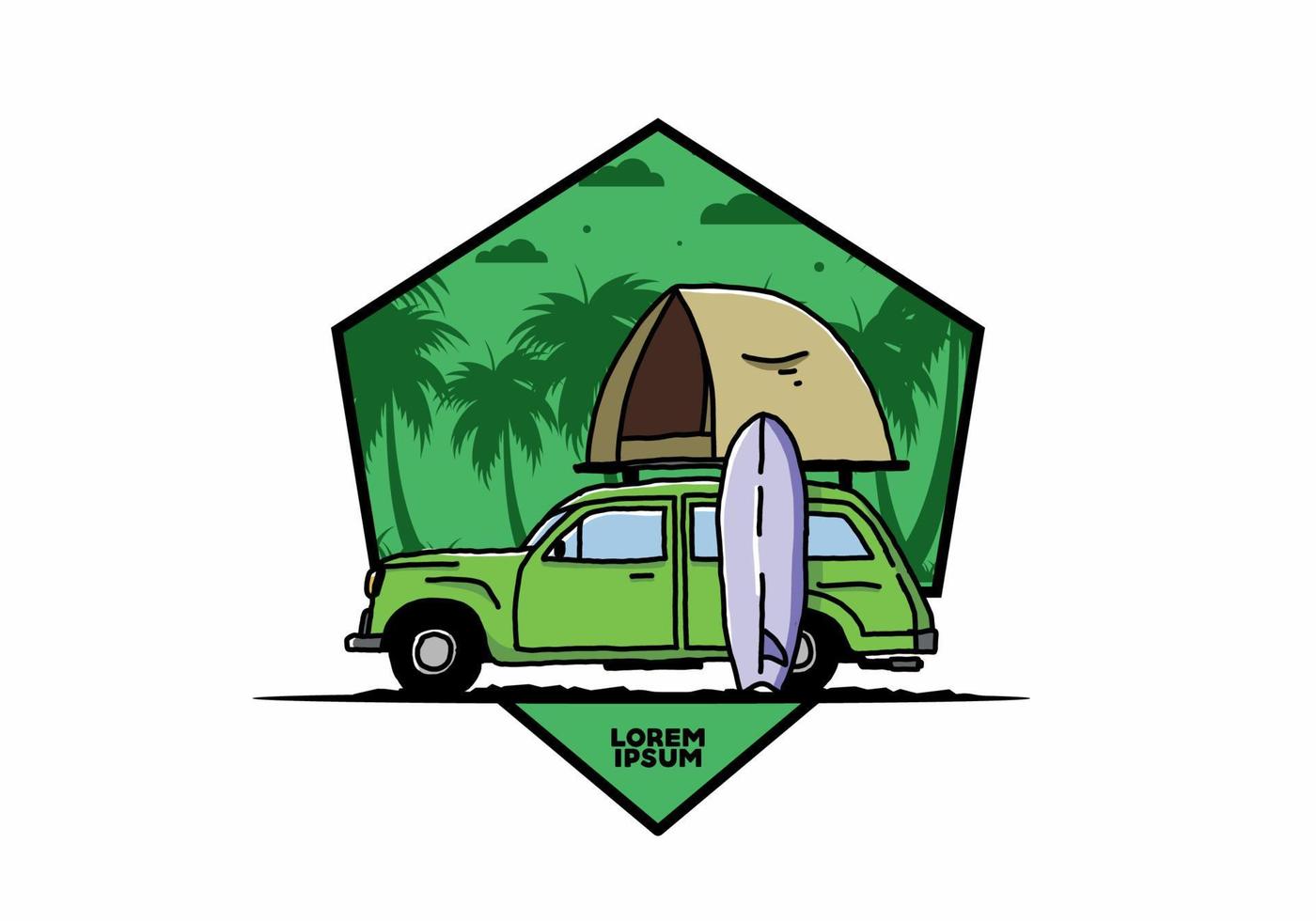 ilustración de un coche con una carpa en el techo y una tabla de surf al costado vector