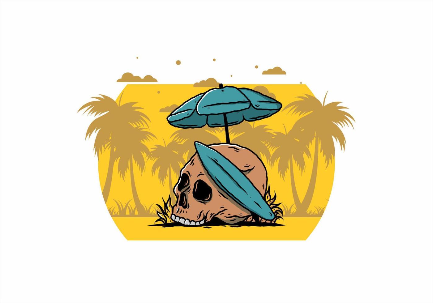 ilustración de calavera con tabla de surf bajo sombrilla de playa vector