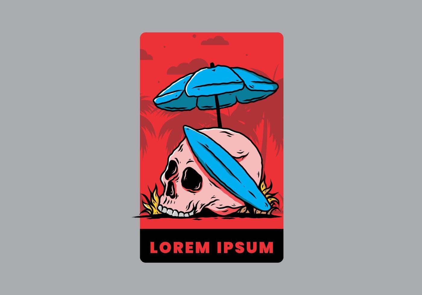 illustration of skull with surfing board under beach umbrella vector