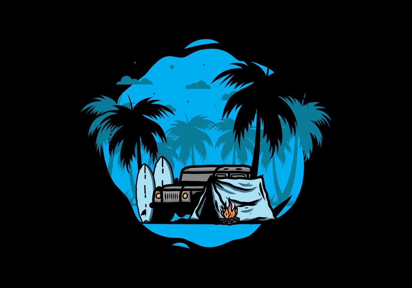 Camping on the beach with off road car vector