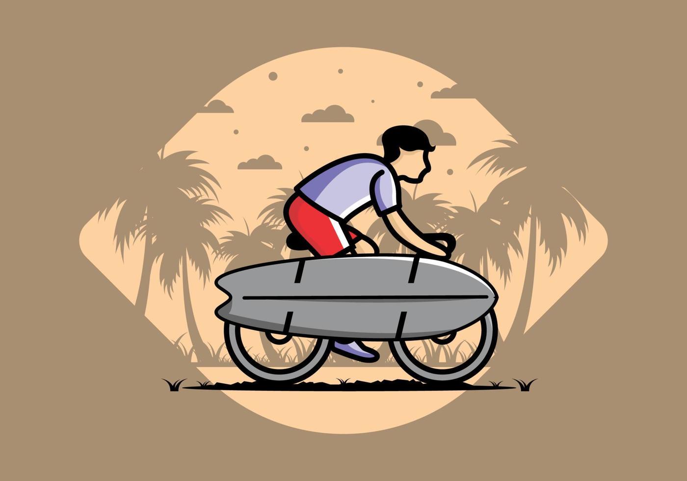 andar en bicicleta con una ilustración de tabla de surf vector