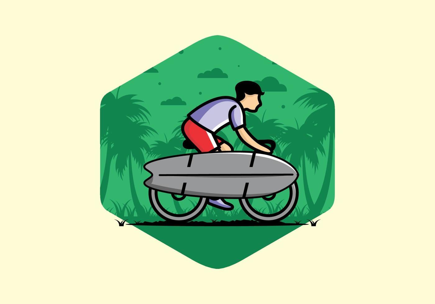 andar en bicicleta con una ilustración de tabla de surf vector