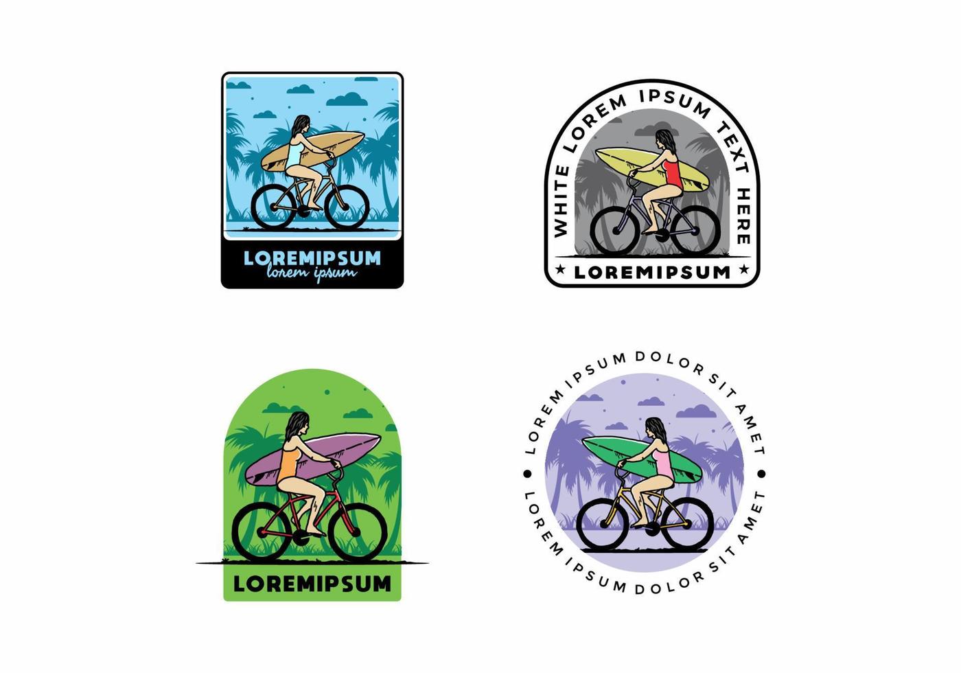 illustration of a woman going surfing on a bicycle vector