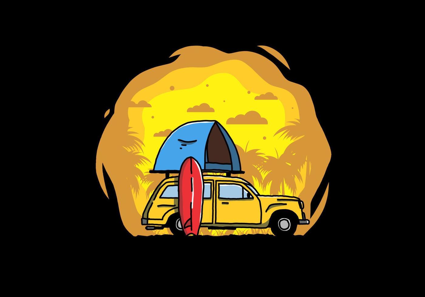 ilustración de un coche con una carpa en el techo y una tabla de surf al costado vector