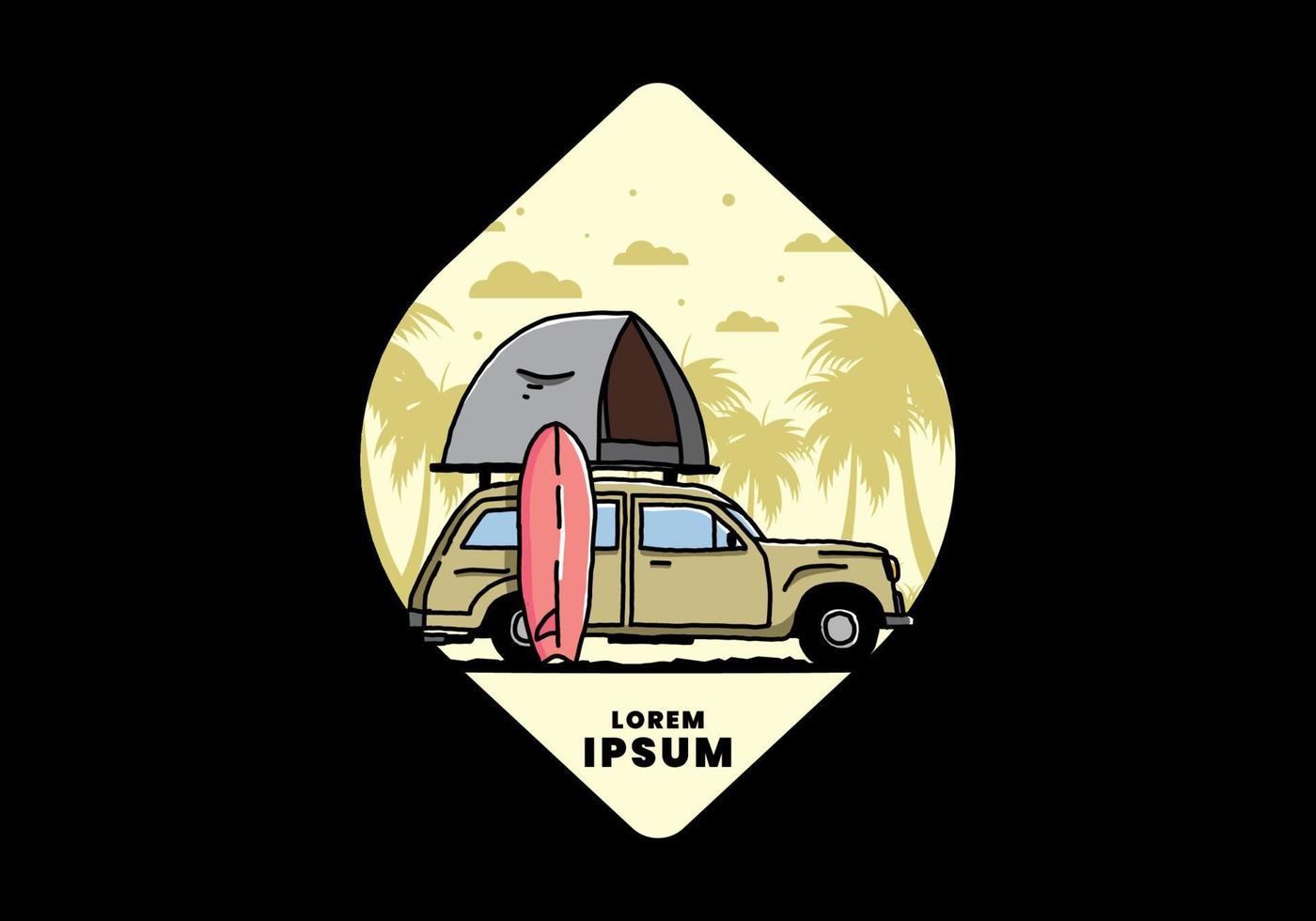 ilustración de un coche con una carpa en el techo y una tabla de surf al costado vector