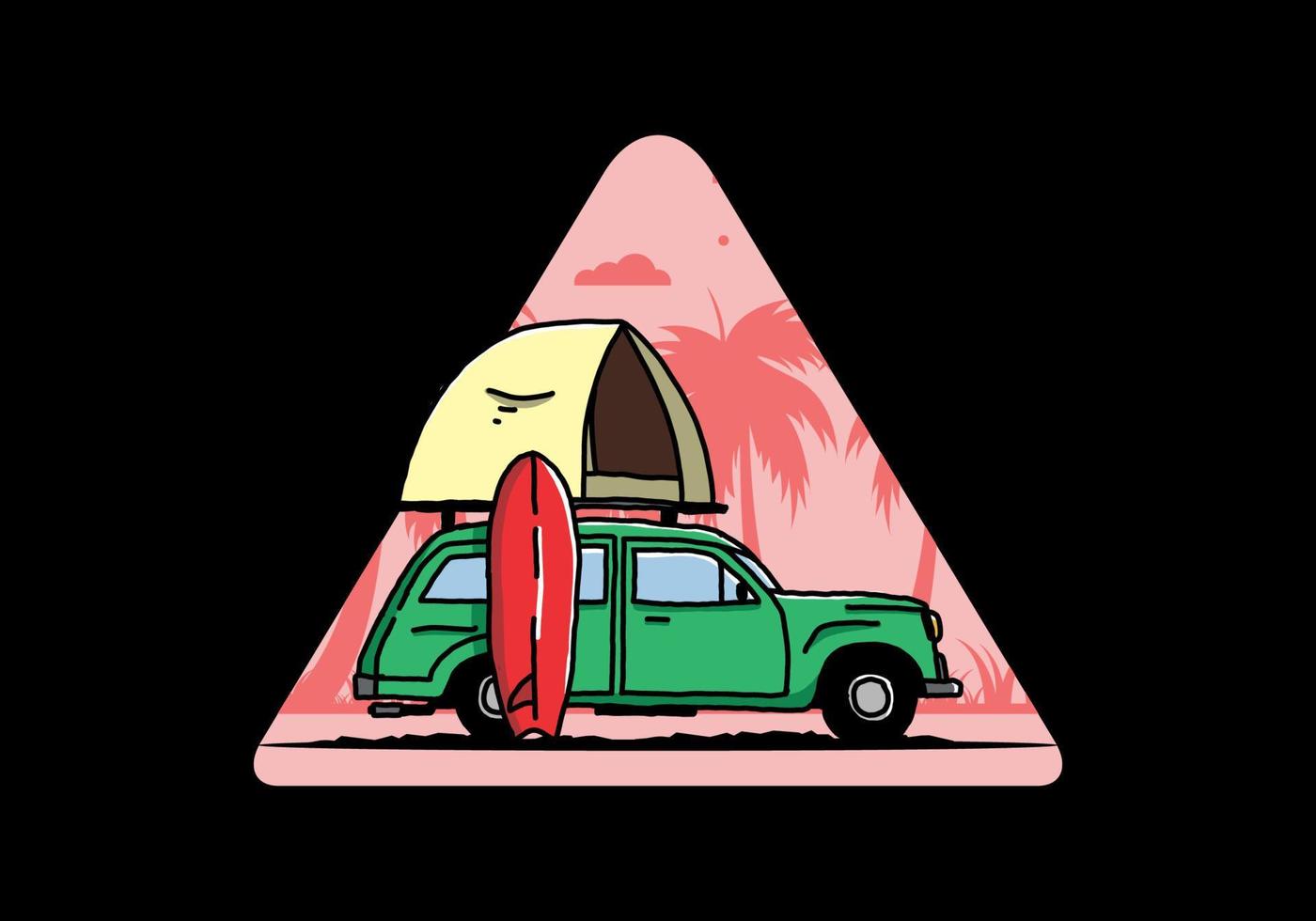 ilustración de un coche con una carpa en el techo y una tabla de surf al costado vector