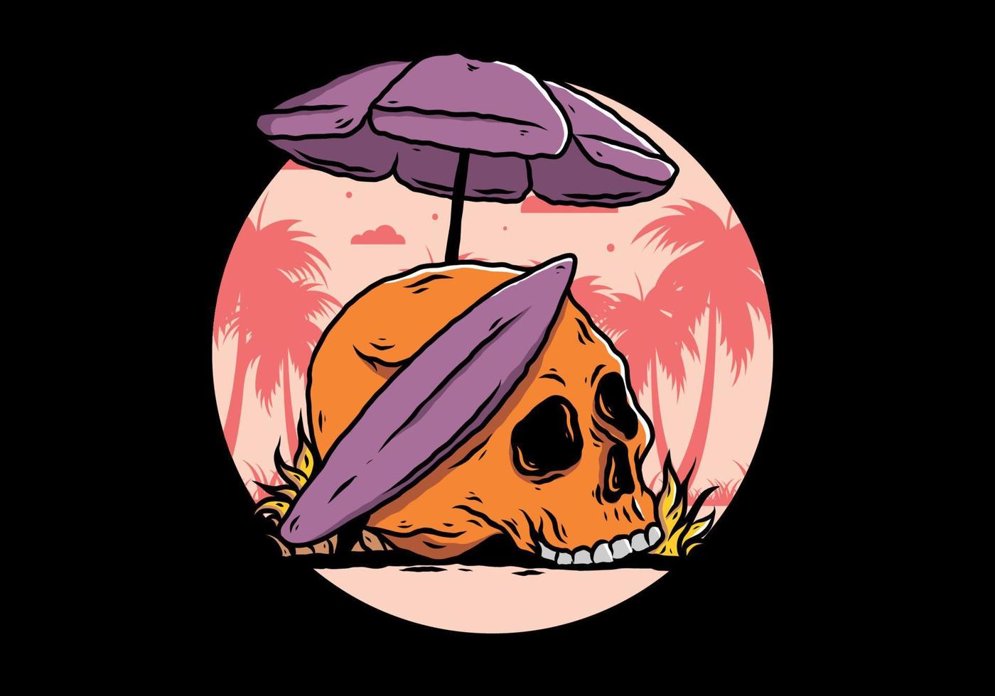 ilustración de calavera con tabla de surf bajo sombrilla de playa vector