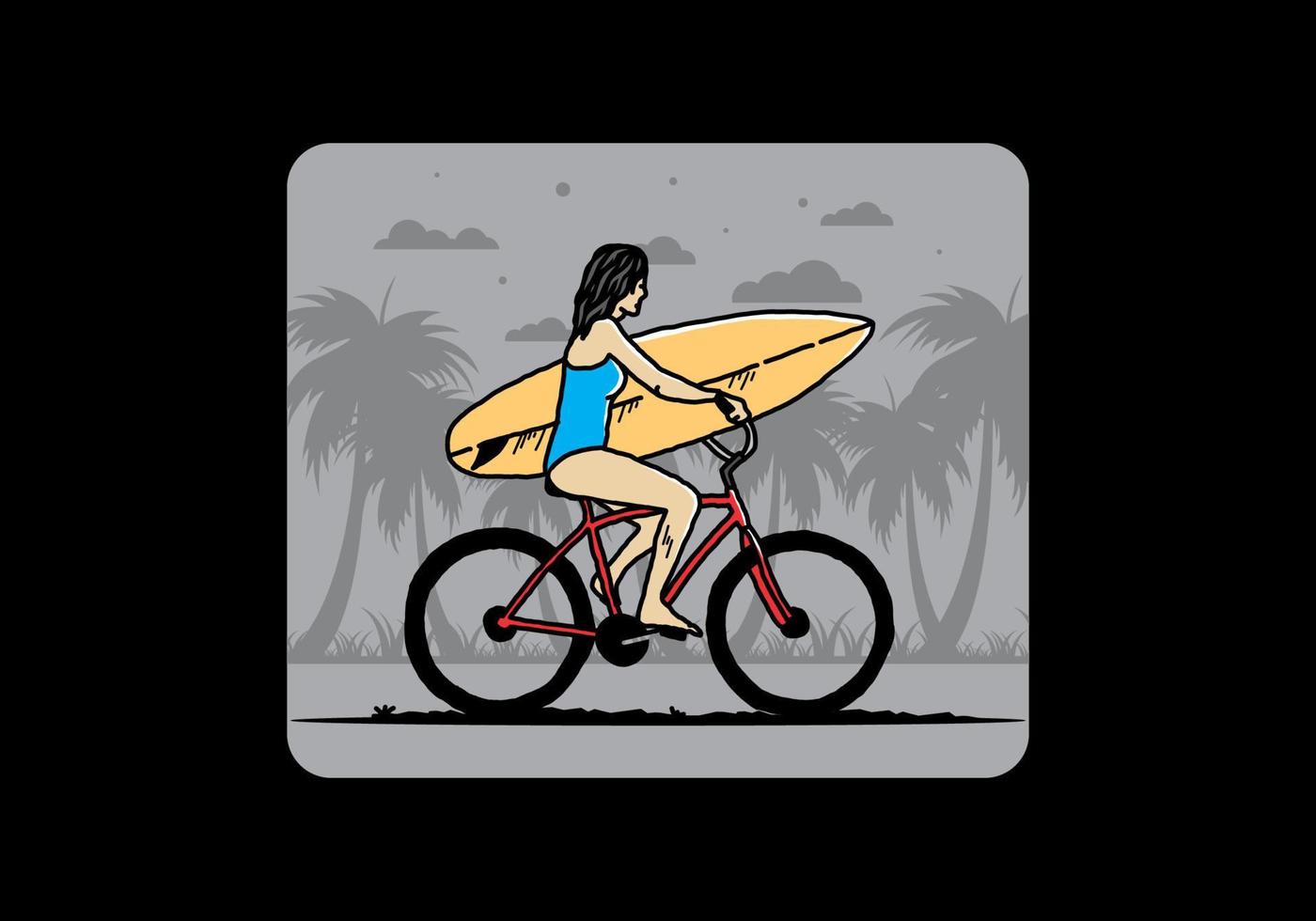 ilustración de una mujer que va a surfear en bicicleta vector