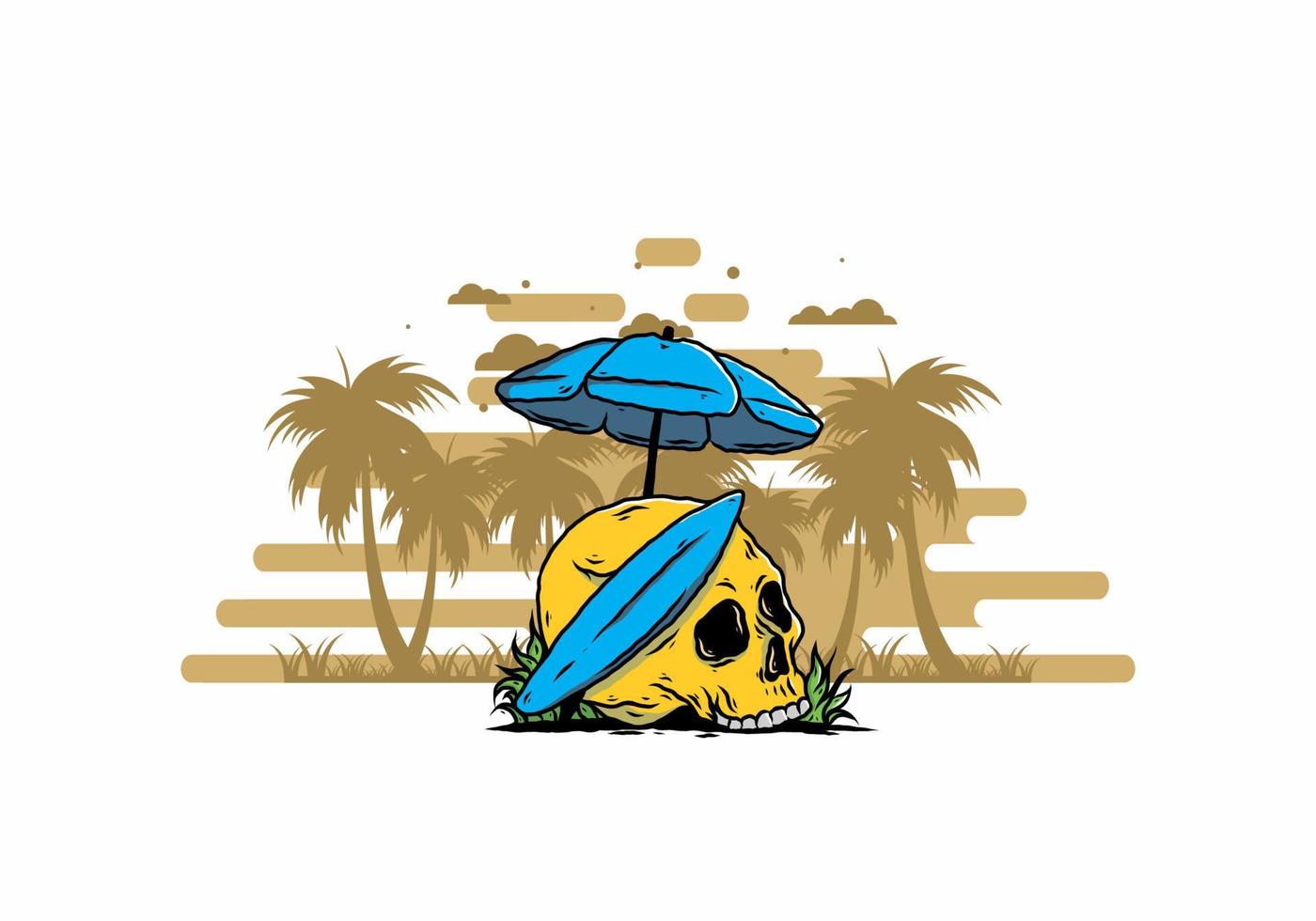 ilustración de calavera con tabla de surf bajo sombrilla de playa vector