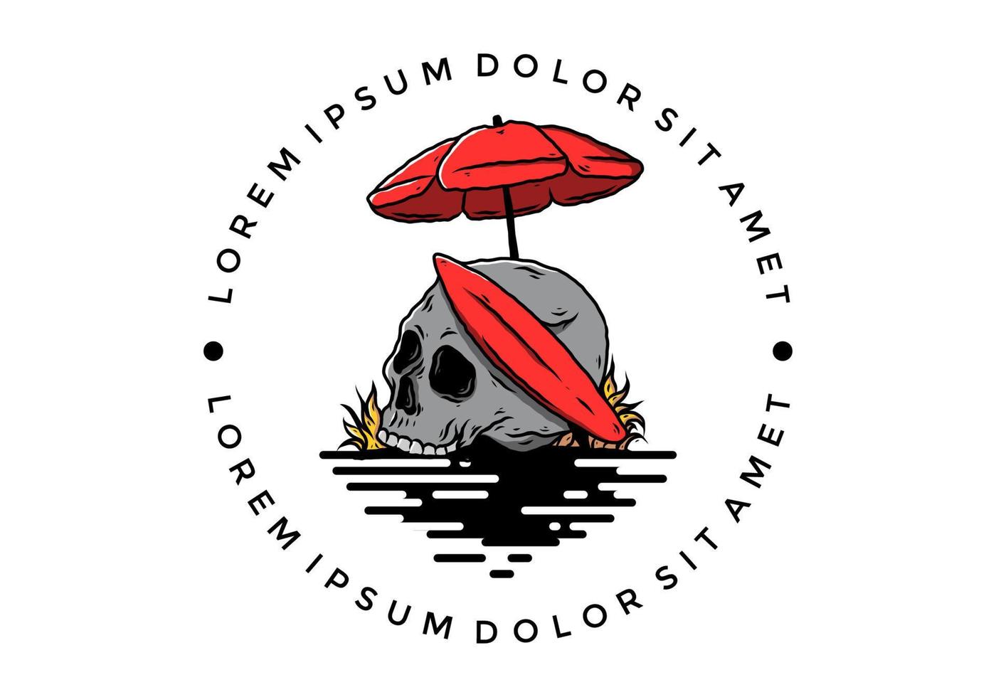 illustration of skull with surfing board under beach umbrella vector