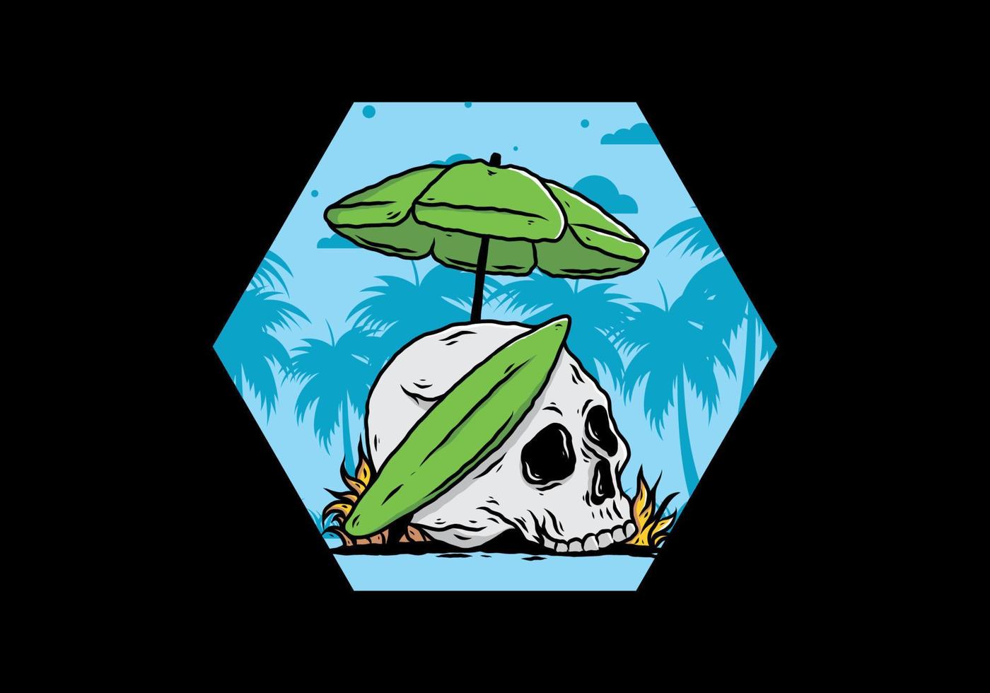 illustration of skull with surfing board under beach umbrella vector